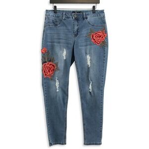 ONE5ONE Embellished Skinny Jeans Women 12 Blue Stretch Denim Rose Applique Pants